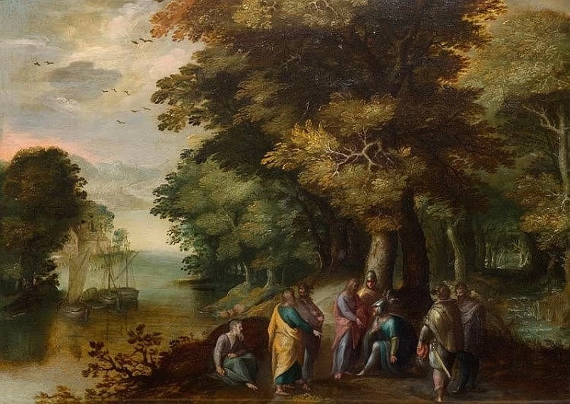 Cristo con tre discepoli e soldati in un paesaggio